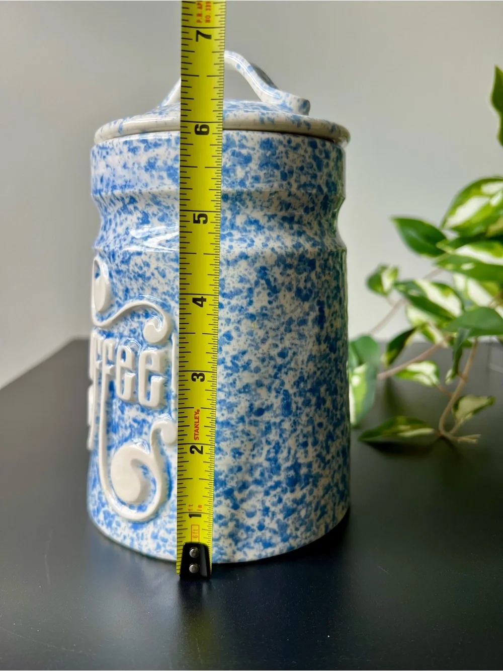 Vintage Treasure Craft USA Blue Spongeware Coffee Canister Ceramic Jar Farmhouse